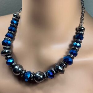 Electric Blue and Gunmetal Beaded Necklace